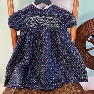 Vintage Handmade 1980s-Early 1990s Hand-Smocked 3T Blue Floral Dress Toddler
